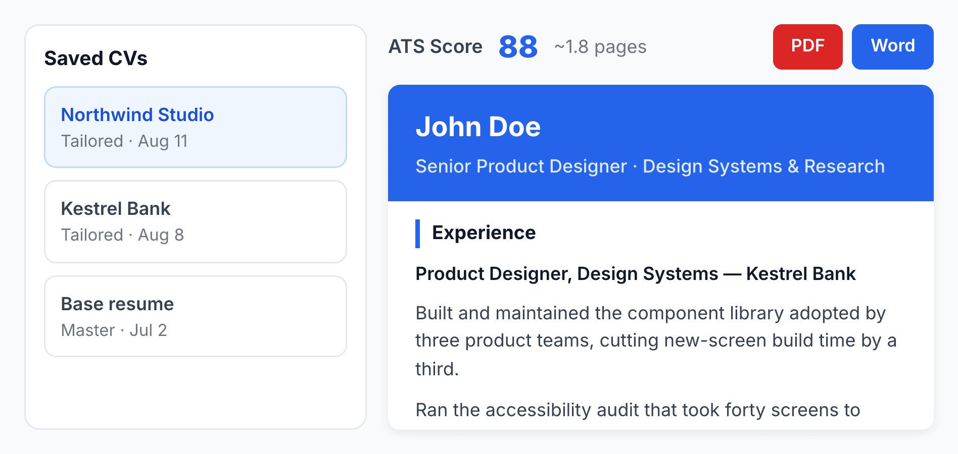 Saved CVs and a resume rewritten for a specific job posting in preview