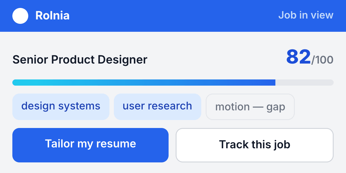 A job fit analysis listing matched and unmatched requirements with an overall score