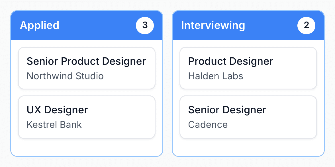 Applied and Interviewing columns on the Rolnia job tracker