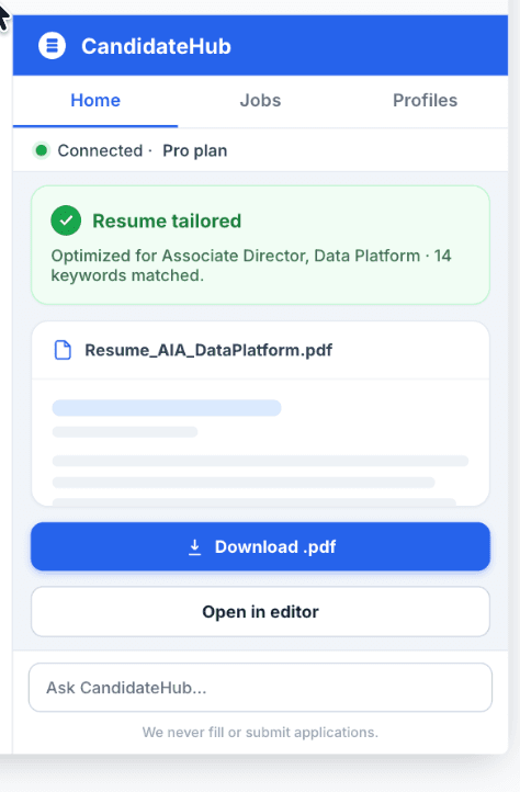 The CandidateHub panel open on a LinkedIn job, showing a tailored resume ready to download