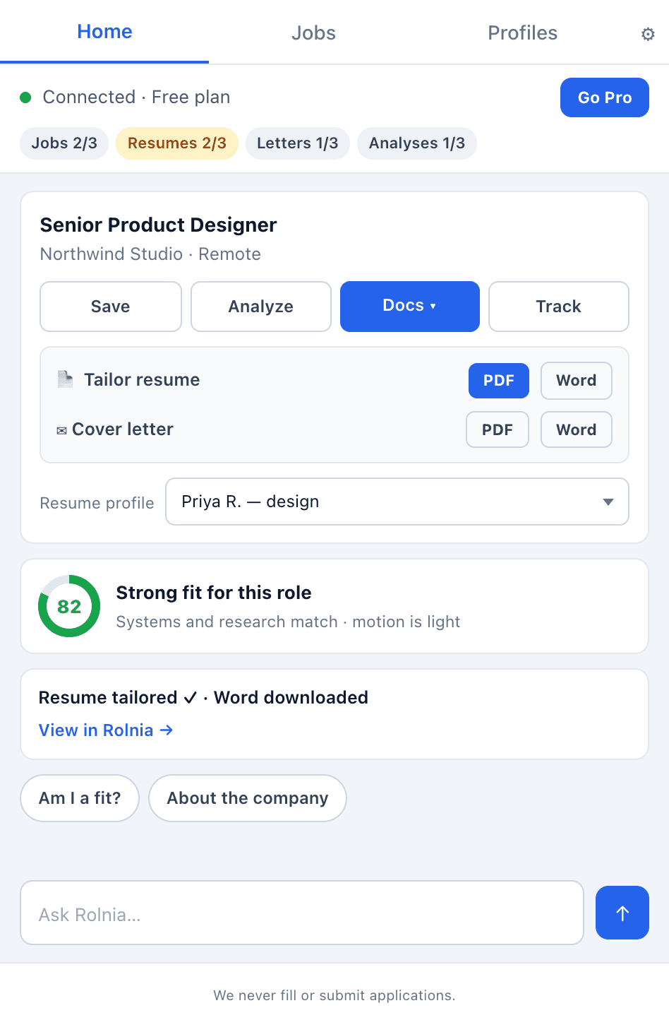 The Rolnia panel open on a LinkedIn job, showing a tailored resume ready to download